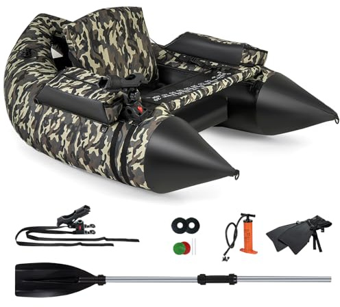 COSTWAY Aufblasbares Schlauchboot, Angelboot mit Flossen, Fischlineal, Rutenhalter, Vorratstaschen, Pumpe & Verstellbarer Rückenlehne, Fischerboot 150 kg belastbar, Belly-Boat 150 x 110 x 48 cm