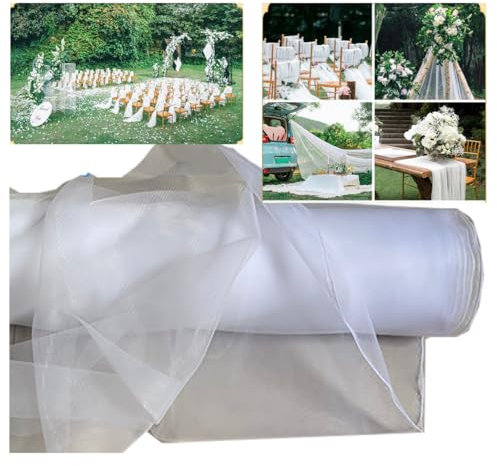 Tissu en tulle - Vendu au mètre - 20 m x 160 cm - Transparent - Délicat - Tissu décoratif - Pour mariage, arche de mariage, décoration de fête, cérémonie, fête, cadeau, blanc pur