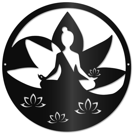 CREATCABIN Wanddekoration Metall Zen Spirituelle Meditation Wandkunst Buddha Lotus Schwarze Silhouette Hängende Wandskulpturen Kunstwerk Für Drinnen Draußen Schlafzimmer Wohnzimmer Heimbüro 30x30cm