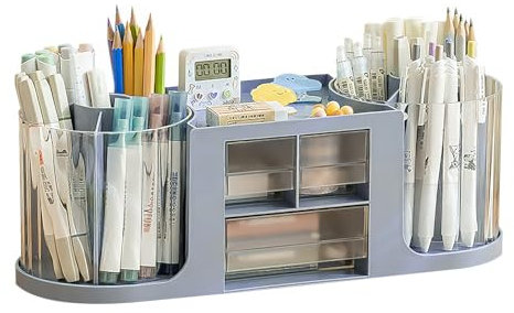 Lvjkes Stiftehalter Aufbewahrungskiste,Doppelte Drehen Schreibtisch organizer 14 Fächer Große Kapazität, Doppelschicht transparente Schublade,Kann Buntstifte,Verschiedene Schreibwaren aufnehmen (Blau)