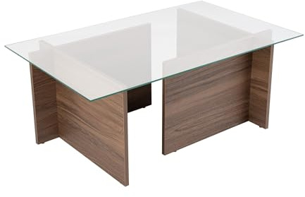 Hanah Home Élégante Table à café en Noyer, 105 x 65 x 40 cm, Plateau en 100% Verre trempé, 100% Panneau de Particules revêtu de mélamine, épaisseur 18 mm, Design élégant et Durable