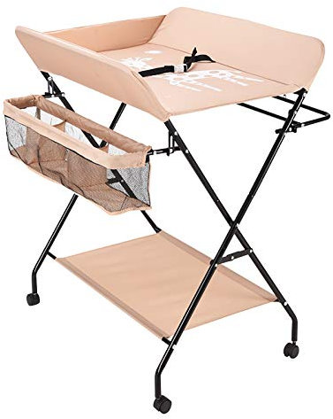 Wickeltisch klappbar, Mobile Wickelkommode mit Rollen und Aufbewahrungskorb, Höhenverstellbar, Wickelauflage Für Babys bis 12 Monaten (Khaki)