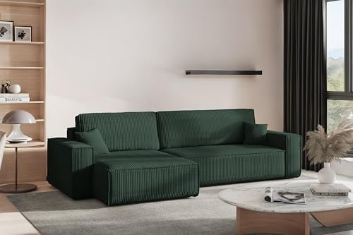 Kaiser Möbel - Ecksofa mit Schlaffunktion - Big Sofa - 274 x 142 cm - Cord Stoff, L Form, XXL, mit Bettkasten - Große Liegefläche 230 x 140 cm - Eckcouch, Wohnlandschaft - Best XL Links, Grün