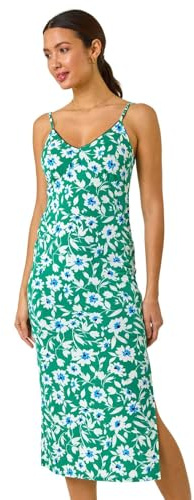 Roman Plain Stretch Jersey Pocket Midi Dress for Women UK - Ladies Spring Everyday Summer Holiday V-Neckline Comfy Sleeveless Soft Frock Vacation Gowns - Floral Green - Size 12