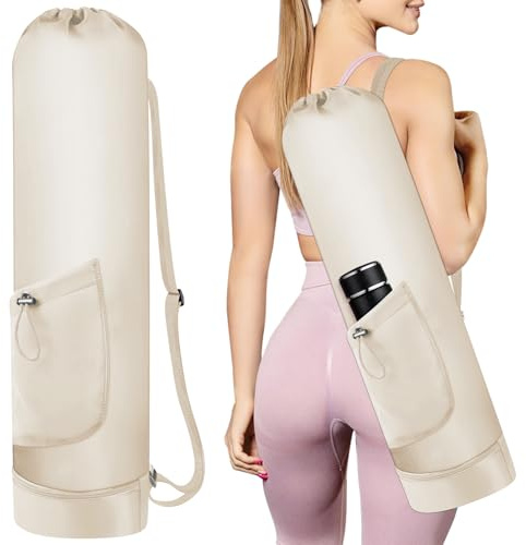 HUTHUHNHN Yogamatten-Tasche mit Wasserflasche, durchgehender Reißverschluss, Yogamatten-Tragetasche, verstellbarer Gurt, Yogamattenhalter mit Tasche, wasserdichte Taschen für Damen und Herren (weiß)