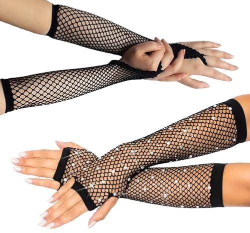 HABNI 2 Pares Guantes De Red Sin Dedos Negros Guantes De Rejilla Para Mujer Mangas De Red Con Anillos De Encaje Con Diamante Guantes De Malla Trajes De Fiesta Temática De Años 80