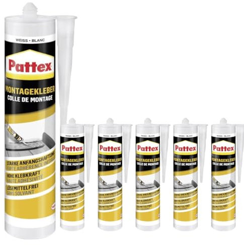 Montagekleber Weiß – Alleskleber für Metall Holz Stein PVC Kunststoff, starke Anfangshaftung, elastisch & spaltfüllend, innen & außen, wetterfest, lösemittelfrei, Temperaturbeständig (6 x 400g)