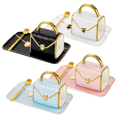 OJMHD Lot de 4 tasses à café créatives avec soucoupe et cuillère - Sacs à main en céramique de 300 ml - Cadeau pour femmes et filles - Coffret cadeau pour la maison, le bureau, le cappuccino et le