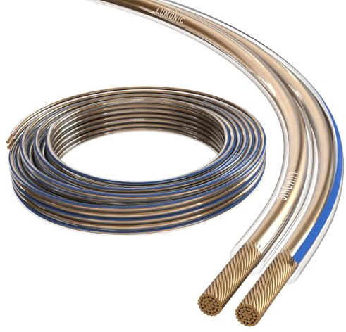 Lumonic Cables de altavoz | 25m Transparente | 2x 1,5mm² CCA | Marcado azul Cable de altavoz HiFi | Línea doble de audio
