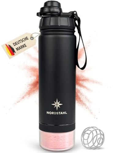 NORDSTAHL Shaker Termico Da 500 Ml Con Vano Per Polveri In Acciaio Inox, Ideale Per Palestra E Viaggi | Nordstahl® - Shaker per proteine in acciaio inox con sfera, senza BPA e a prova di perdite, colore nero notte