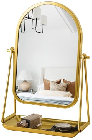 Gosider Dressing Table Mirror Arch Gold Makeup Vanity Mirror with Storage | 360° Adjustable Rotation, Free Standing, With Tray, Desktop Cosmetic Mirrors, For Living Room, Bedroom, Bathroom