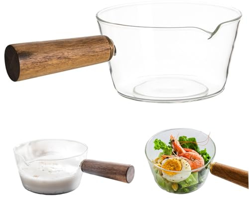 Milk Pot, 600ml Clear Glass Saucepan with Wooden Handle & Spout, Nonstick Simmer Pot for Noodles, Pasta, Soup, Milk and Baby Food.