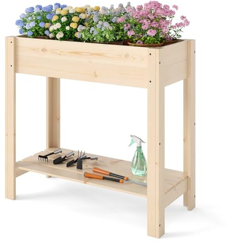 GOPLUS Carre Potager sur Pieds en Bois de Sapin, Potager Exterieur Surlevé avec Étagère de Rangement pour Fleurs, Légumes, Aspect Personnalisé DIY, 80x37x78cm