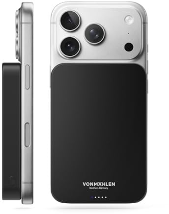 VONMÄHLEN Evergreen Mag - Wireless Powerbank (Qi2) 10.000 mAh, Schwarz | Kompatibel mit MagSafe, 15W kabelloses Laden, 20W USB-C Power Delivery, Qi2-zertifiziert, nur 14,3 mm dünn, 3 Jahre Garantie