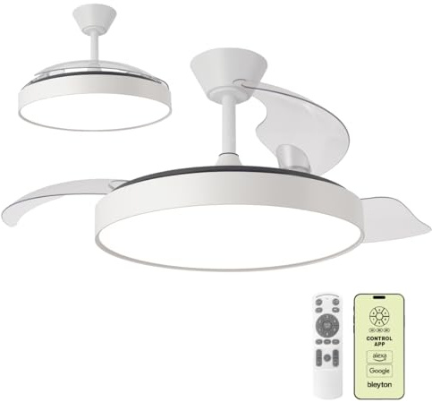 BLEYTON Ventilador Techo Aspas Retractiles Motor DC Silencioso 36W 107 cm | Ventilador NOVA Control Mando y WIFI, App y Voz | Color Blanco Luz LED | 6 Velocidades | Temporizador