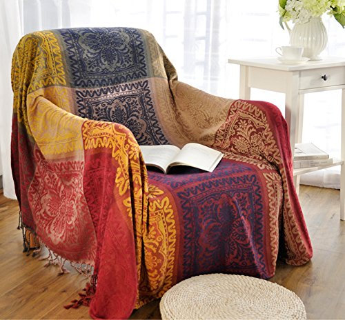 Sofa Bezüge folk-custom Chenille Jacquard Quasten Überwurf Decke Sofa Stuhl Cover Tribal Muster für Camping (149,9 x 190,5 cm)