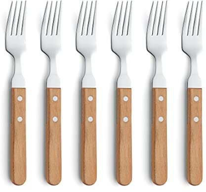 Amefa PIZZA 7000 Pizza-/ Steakgabel Set 6 Personen | Holz Griff | 18/0 Edelstahl | poliert & rostfrei | 2-fach genietete Griffe aus Pakka Wood | Pizzabesteck | Steakbesteck | Grillbesteck Set