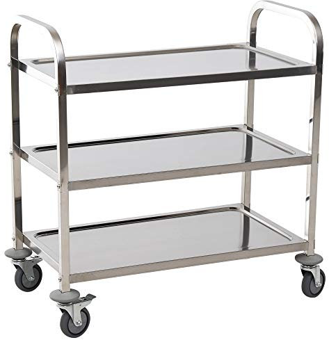 HOMCOM Carrito Auxiliar con Ruedas de Acero Inoxidable Carrito de Cocina con Bandejas y 2 Brazos para Comedor Salón 85x45x90 cm Plata