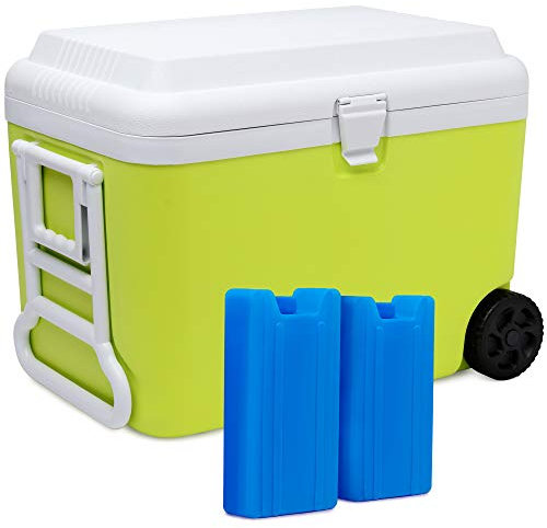 SUNMER Cooler Box 50L With 2 Ice Packs, Advanced EPS Insulation Foam, Keeps Cold For Up To 48 Hours, Clip-Lock Secure Lid, Built-in Wheels and Handle - Lime