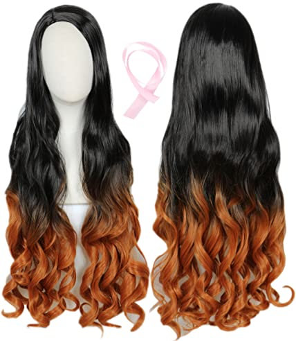 Linfairy Long Wave gefärbte Cosplay -Perücke mit Pink Ribbon Halloween Kostüm Full Perücken für Frauen