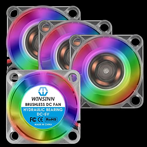 WINSINN 25mm RGB Lüfter 5V, LED Bunter 3D Drucker Mikro 5 Volt Lüfter 2510 Hydrauliklager, Bürstenlose Kühlung 25mm x 10mm 2PIN (4er Pack)