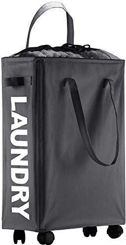 IHOMAGIC 40L Panier à Linge avec Roues et Poignée – Oxford Tissu Corbeilles à Linge Mince – Rectangulaire Panier Rangement Collecteur de Buanderie, Gris Foncé