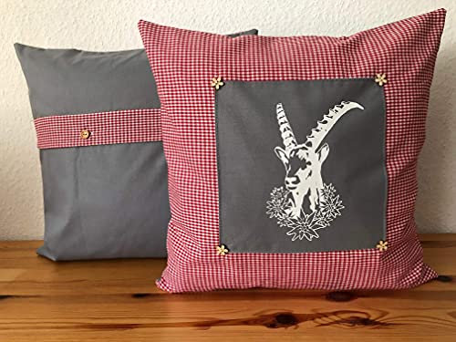 1 Kissenhülle, Kissenbezug,Landhausstil Kissen *Steinbock* rot/grau kariert