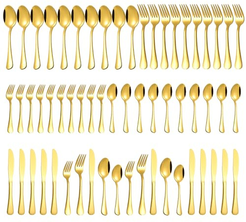 Lot de 60 couverts dorés pour 12 personnes - Avec couteau, fourchette, cuillère - Pour cuisine, hôtel, restaurant, lave-vaisselle