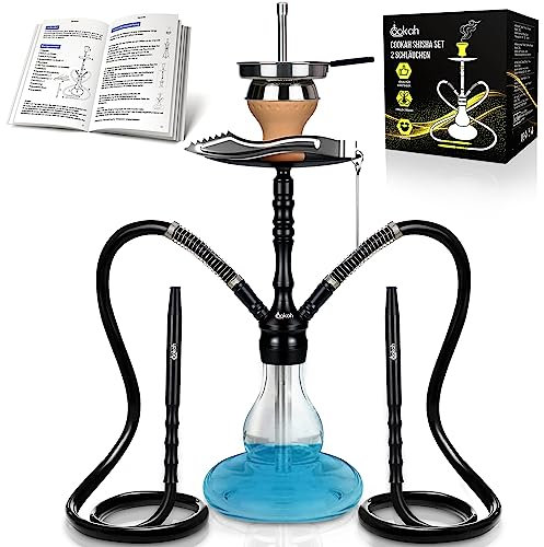 Cookah Shisha Set mit 2 Schlauche + 2 Anschlüssen + 2 Mundstück, Alu Wasserpfeife Komplettset inkl. Closed Chamber, Tonkopf, Kopfadapter mit 18/8 Schliff, Kohlezange, Edelstahl Tauchrohr, Schwarz