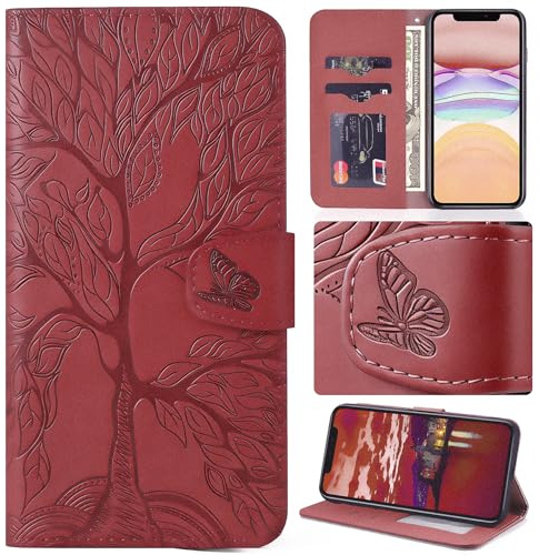 Aisenth Handyhülle für Xiaomi Mi 10T Lite 5G Klapphülle mit Kartenfächer | Baum Muster,Standfunktion,Kartenfächer,PU Leder,2 Kartenfächer+Geldfach+Handschlaufe,Stoßfeste,Magnetische,Rot