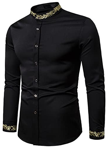 SSBZYES Chemises pour Hommes à Col Montant De Couleur Unie Manches Longues Brodées La Mode Motif Broderie Henley Tops Décontractés, Navy, XXL