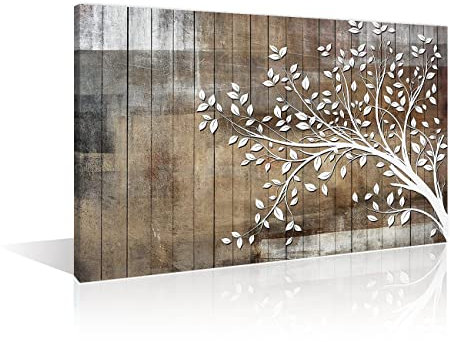 Canvas Print Wall Art White Tree Silhouette on Wood Panels Wilderness Nature Photography Modern Art Rustic Scenic for Living Room Bedroom Office 24x36inch (60x90cm)