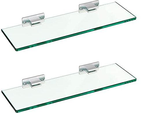 MOGFCT Estante de Cristal para baño, Estante de Ducha con Soporte de Aluminio, Organizador de champú, Vidrio Rectangular Templado, 8 mm, Extra Grueso, 2 Unidades, Soporte de Pared Plateado
