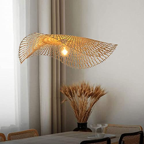 GERAGUR Éclairage en Matériaux Naturels Suspension Chapeau De Paille Abat-Jour en Rotin Et Osier Country Lustre Vintage en Bambou Luminaire Suspendu Tissé en Rotin Clair De 21,6 Po De Largeur Beige