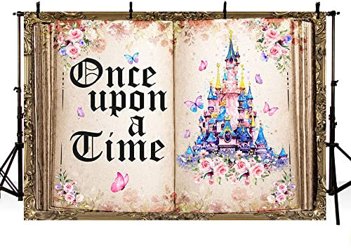 MEHOFOND 2,1 x 1,5 m Märchenbuch Hintergrund für Fotografie Once Upon a Time GILR Prinzessin Schmetterling Schloss Blume Geburtstag Party Hochzeit Kuchen Tischdekoration