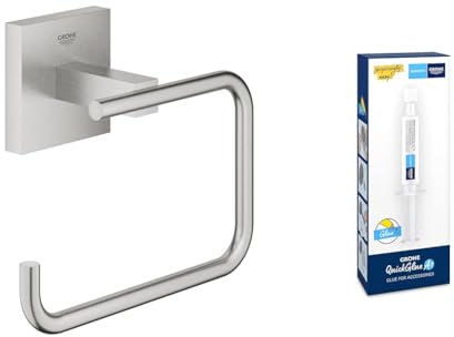 GROHE Start Cube Toilet Roll Holder without Cover with GROHE QuickGlue A1 (Metal, Wall Mounted, Concealed Fastening, with Screws and Dowels), Size 138 mm, Extra Easy to Fit, Stainless Steel, 40978DC0