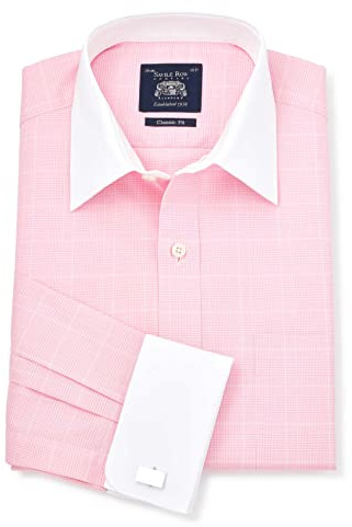 THE SAVILE ROW COMPANY LONDON Men's Classic Fit Cotton Twill Formal Shirt - Double Cuff - Pink Prince of Wales Check - 15.5 Collar - Standard
