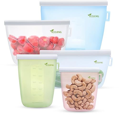 ECOJENG Silicone Reusable Freezer Bags - Reusable Food Storage bags Pouch Set - Smell Proof, Leakproof, No BPA, Microwave & Dishwasher-Safe Material - Pack of 6 Extra large,Large, Medium, Small Bags