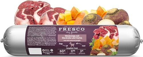 Fresco Dog Barf Wurst Complete-Menü Weideziege mit Steckrübe | 400 g | Futtermittel für Hunde mit Weideziege und Steckrübe | Kann dabei helfen Hunde optimal zu versorgen