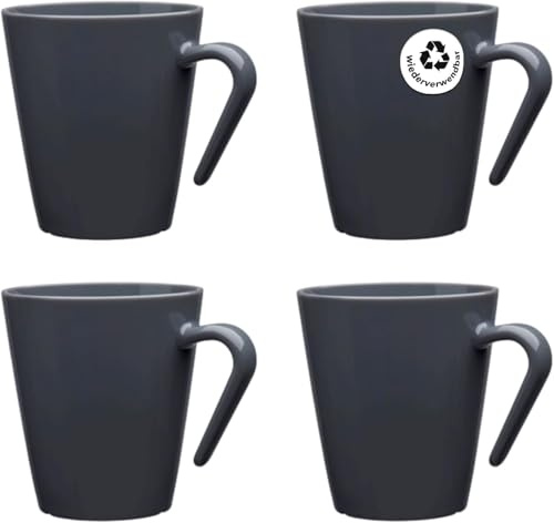 MyDrinkglass Kaffeebecher Plastik – 200 ml - unzerbrechlich & wiederverwendbar - 4er Set Camping Becher - stapelbar - Glühweinbecher/Cappuccino Tassen - Dunkelgrau