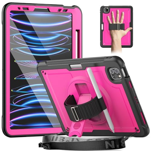 Timecity Case Only for iPad Air 5th/4th Generation Case 10.9 inch before 2022, iPad Pro 11 inch before 2022. Full-Body Drop Protection with Screen Protector, Kickstand/360 Rotating Hand Strap, Rose