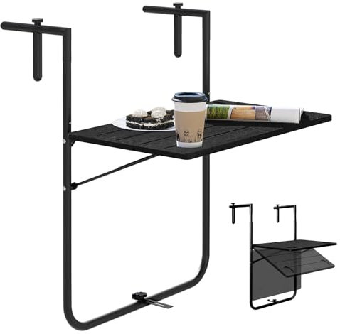 WOLTU Folding Hanging Table, Small Outdoor Balcony Side Table 3-Height Adjustable, with Wood Effect, Black