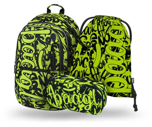Baagl Schulrucksack Set Jungen 3 Teilig, Schultasche für Grundschule Volksschule, Grundschule Ranzen mit Brustgurt, Ergonomischer Schulranzen (Lime)