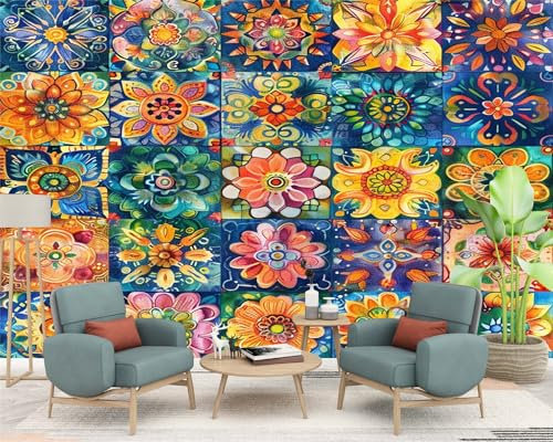 3D Fototapete Quadratisches Blumenmosaik Mediterrane Blumen -Wanddeko, Wandbild, Wandtapete - Hochwertige Wanddekoration - 400x280 cm Vlies Tapete Wohnzimmer Schlafzimmer