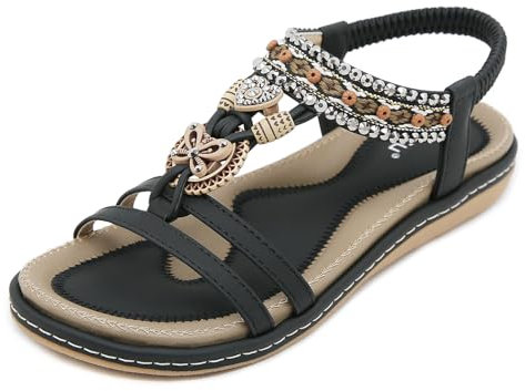 Acfoda Damen Sandalen Sommer mit Strass Bohemian Sandaletten Flach Offene Sommerschuhe Frauen mit Weiches Fußbett Outdoor Freizeit Strand Schuhe Schwarz 37 EU = 38 CN