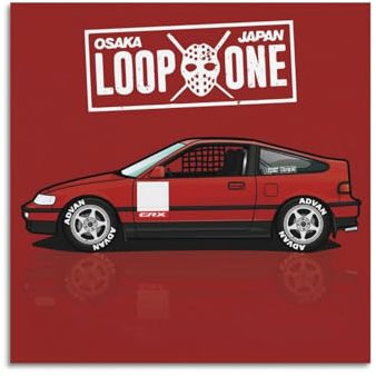 ZSZWHJ JDM Auto-Poster, rotes CR-X, japanisches Rennwagen-Poster, dekorative Malerei, Leinwand, Wandposter und Kunstdruck, moderne Familienschlafzimmer-Dekoration, Poster, 50 x 50 cm