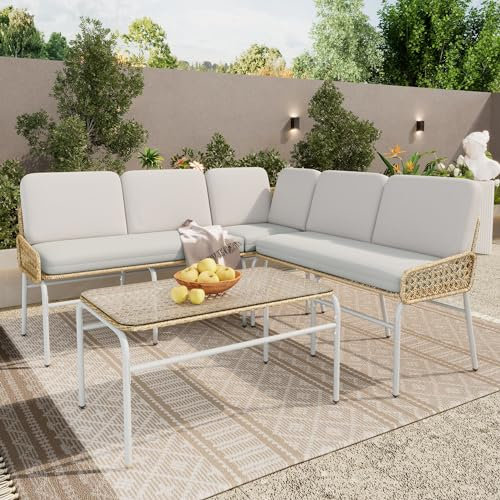 Jovify Gartenmöbel Set für 4-5 Personen, Poly-Rattan-Garnitur Balkonmöbel Lounge Sitzgruppe mit Tisch & Kissen, Outdoor L-förmiges Terrassenmöbel Ecksofa-Set, Wetterfest Sitzgarnitur Gartenlounge Set