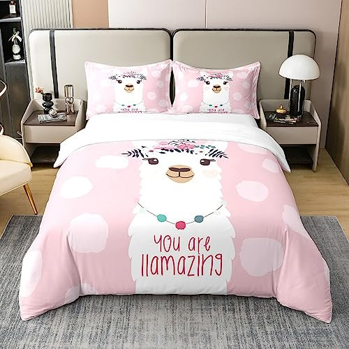 Loussiesd Nettes Lama 100% Baumwolle Bettwäsche Set 135x200cm Karikatur Lama Alpaka Betten Set Rosa Zoo Tier Bettbezug Set für Mädchen Schlafzimmer Atmungsaktive Weiche Bettwäsche mit 1 Kissenbezug