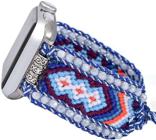 Fancy Woven Braided Nylon Band Compatible with Apple Watch Bands 40mm 41mm 38mm, Retro Boho Friendship Bracelet Handmade Bohemian Beaded Adjustable Dressy Strap Wristbands for iWatch Bands Series