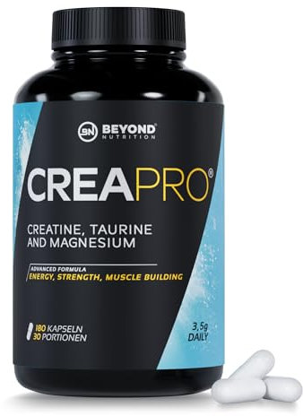 CREAPRO® 3.8g Kreatin mit Magnesium und L-Taurin- Monohydrat 200-mesh, 180 Kapseln, 30 Portionen, hochdosiert & vegan, Markenware für echte Kraftsportler